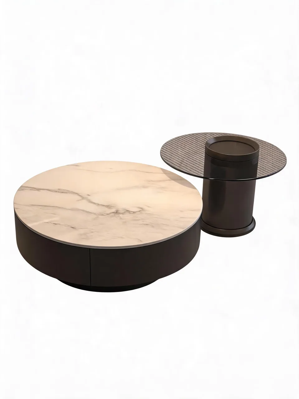 Marble Drum & Smoked Glass Table Pair